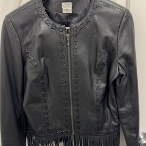Cache Collarless Braided Leather Jacket with Fringe Trim